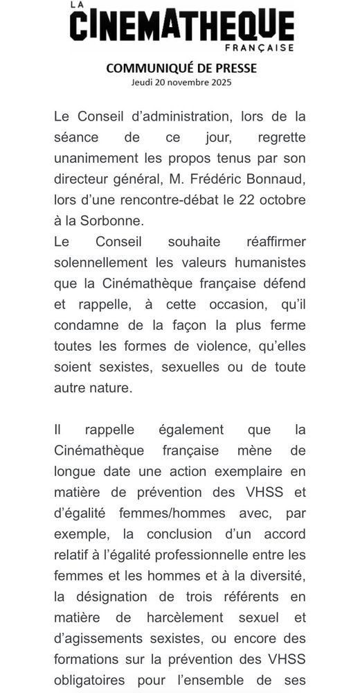 Communiqué de la Cinémathèque.