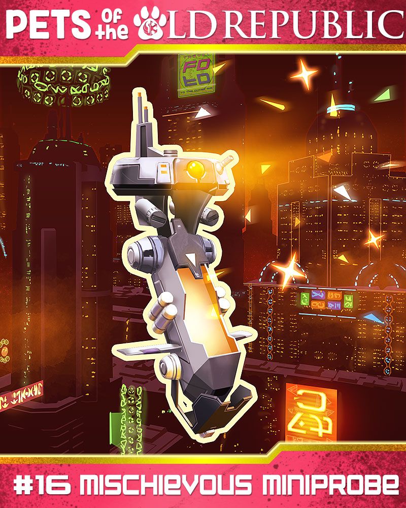 Pets of the Old Republic: #16- The Mischieveous Miniprobe- my original illustration of the glitter and sparkle shooting droid pet on the Smuggler's Moon of Nar Shaddaa from Star Wars: The Old Republic.