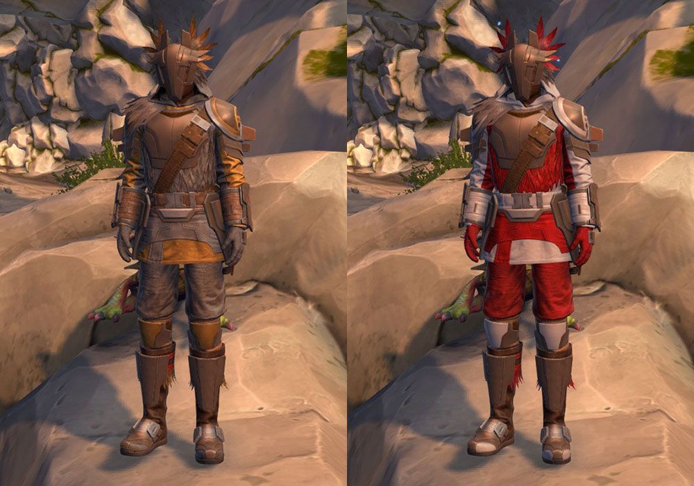 The Bestial Champion armor set from SWTOR PVP season 8 reward track, both with its default colors and a white/red dye.