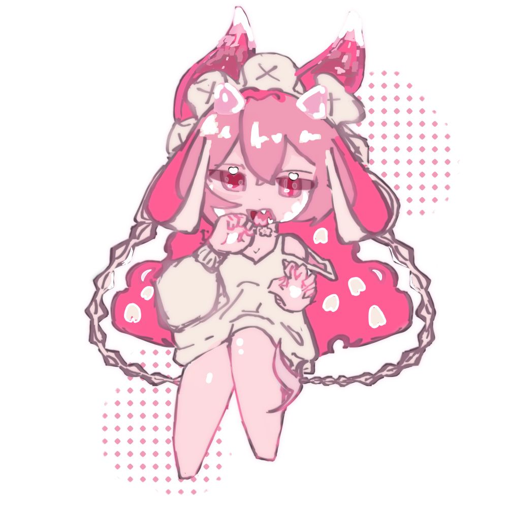 a chibi ——— style digital illustration of a small, pink, dragon-like girl with soft pink ╱ red eyes and a pouty expression. she has small horns with white tips, and thick wavy hair with petal ——— shaped spots on it. her oversized cream sweater sleeves cover her hands slightly as she raises one clawed hand up to her petal shaped tongue. her long braids are tied, and her expression is strong but a bit mischievous. the background is soft white with pink dotted halftone accents behind her. the color palette is mostly warm pinks and creams, giving the art a dreamy, candy ——— like feel.