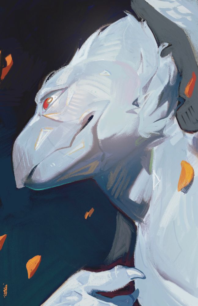 Portrait of their bird character with some orange petals to complement the blues 