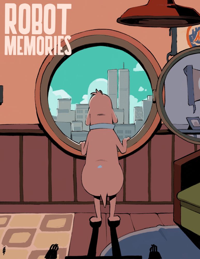 I wanted to try a more graphic illustration style with this one. The image has Dog standing is Rascals apartment looking out at the New York skyline paralleling the scene from the movie (if you know, you know) while Dog’s shadow take the shape of Robot 