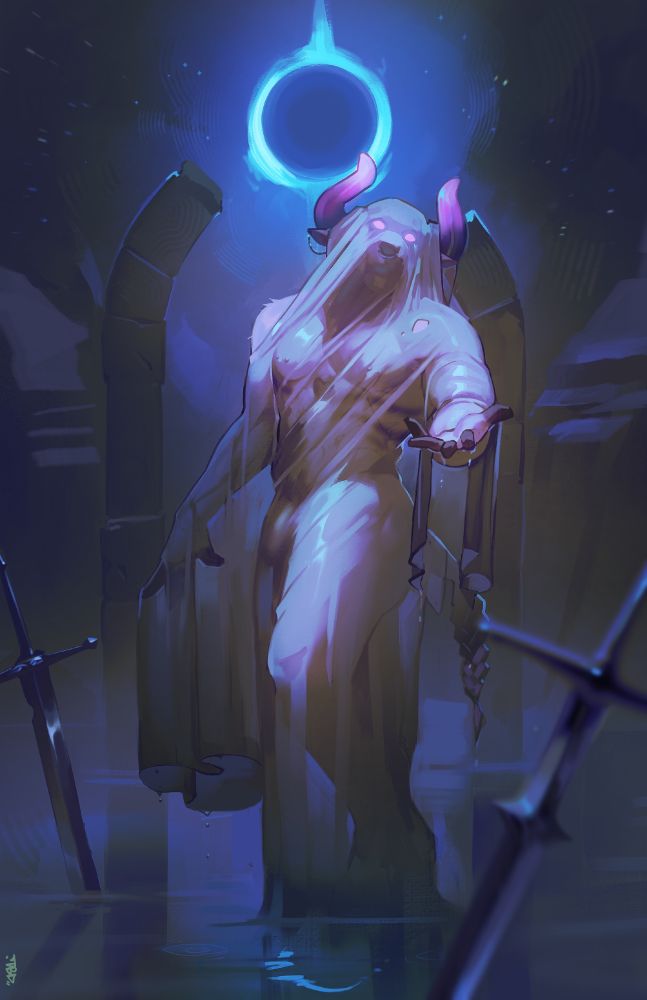 Bovine character standing in water with a wet veil/cloth draped over him and an arm reached out. The picture is supposed to be giving a Siren vibe. 