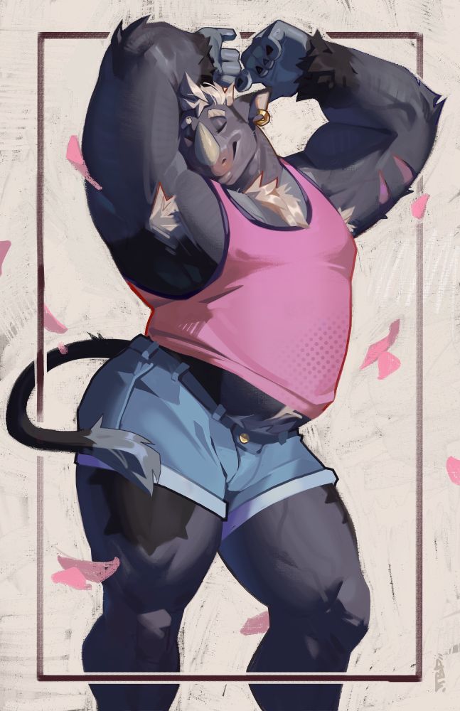 Illustration of his character Navid wearing a tanktop and short shorts, dancing while there are rose petals falling around him!