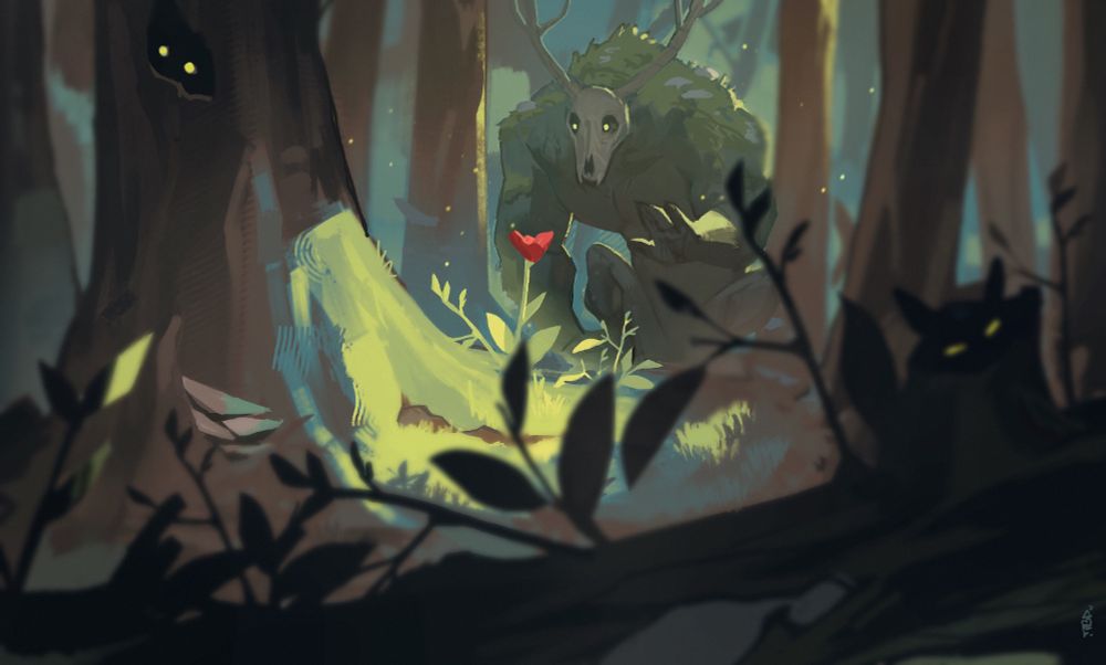Rough forest scene drawing with a large creature looking at a red flower 🌺 