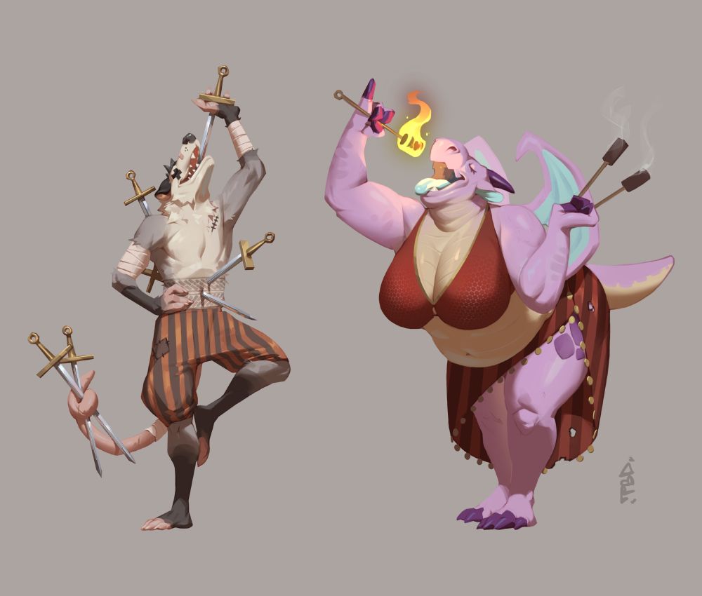 Last two of the set! First he have this sword swallowing opossum, he’s he’s based off of Creep Cats weighted possum plush. The idea for him was “living pin cushion”! And last but not least is the fire eating dragon! She’s was based off their sleeping dragon plush.