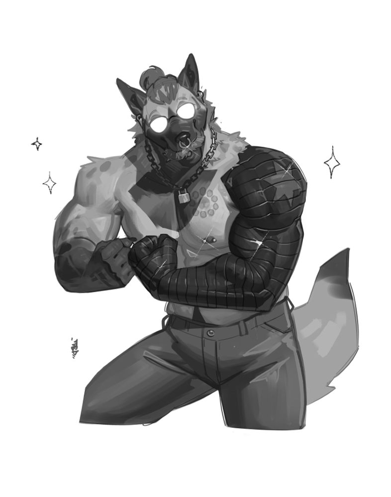 Drawing of their character being silly but also flexing/ showing off his arms, one of which is robotic 
