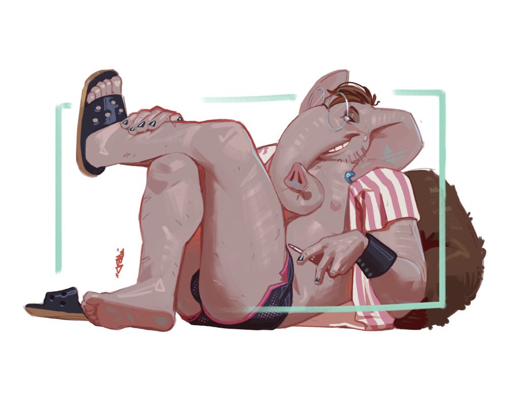 Drawing of my elephant character laying back into a pillow wearing an open shirt and a small pair of shorts, as he gingerly holds his drawing stylus and smiles