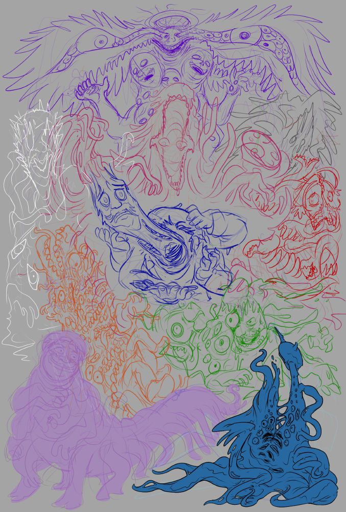 All 9 Freds on one canvas. Currently differentiated colored sketches, though Scared Fred has been fully lined with a flat base.