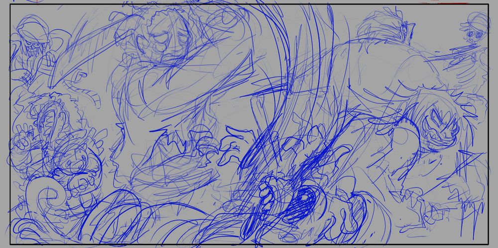 Rough sketch of Sam (Remade), Leigh, Hellen, and Joel, fighting off various Conscripts from Mr. Henderson's apartment. While the focus is on Sam violently hacking a Soldier up with a machete while looking terrified, and Leigh looking somewhat judgmentally back at him while holding the patchwork club, I ended up throwing in Hellen cutting off another Soldier's head, and Joel growing Teeth Armor (tho it was replaced later with Biting Armor which wouldn't make as much sense against these ranged units) with a Gatling looming in the background.