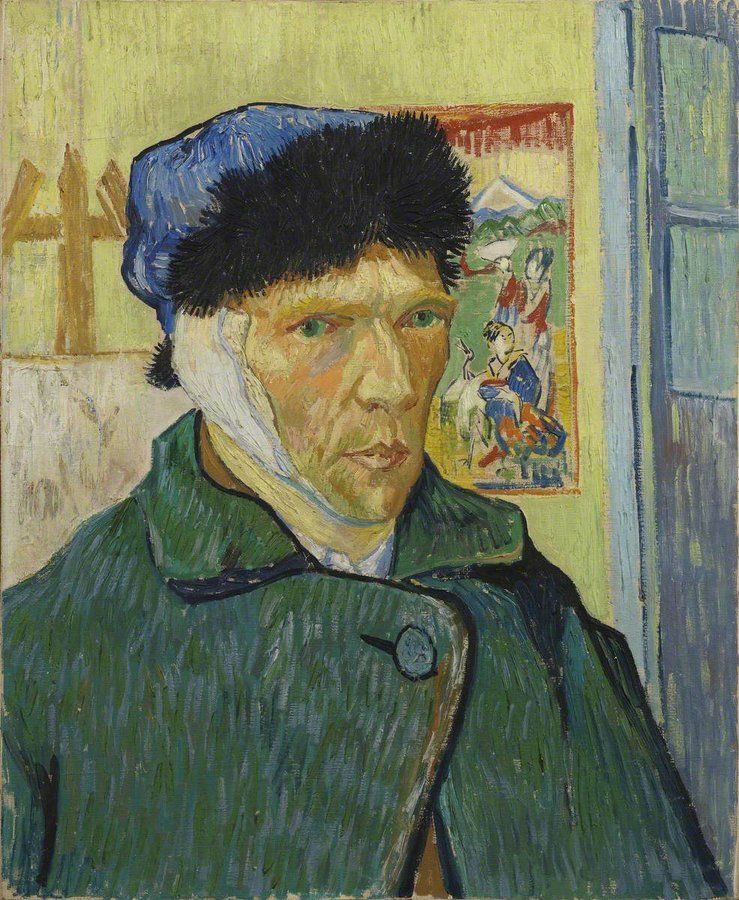 Self portrait of van Gogh with a bandage wrapped over his ear and around his hear. He wears a blue fir-trimmed hat and a green coat