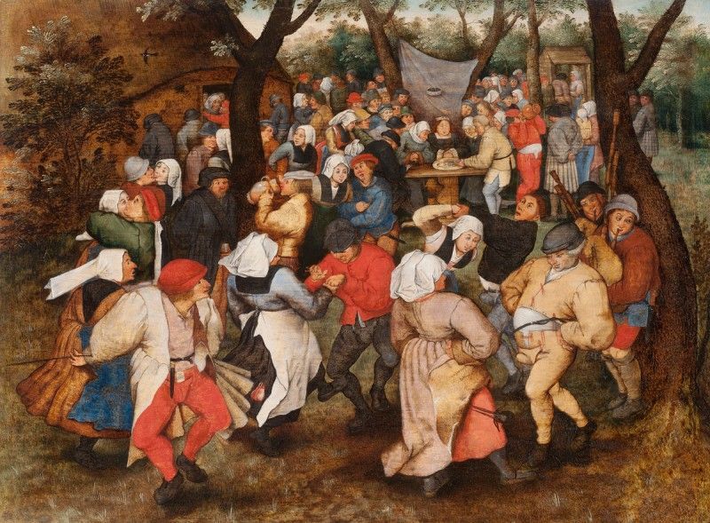 In a clearing at the edge of a village, a wedding celebration is taking place. The bride is seated at the table in the upper right, before a cloth of honour. Dressed in a traditional square-necked black wedding dress, she surveys the platter of coins before her while a notary keeps record. In the foreground the guests dance, drink and embrace each other enthusiastically.