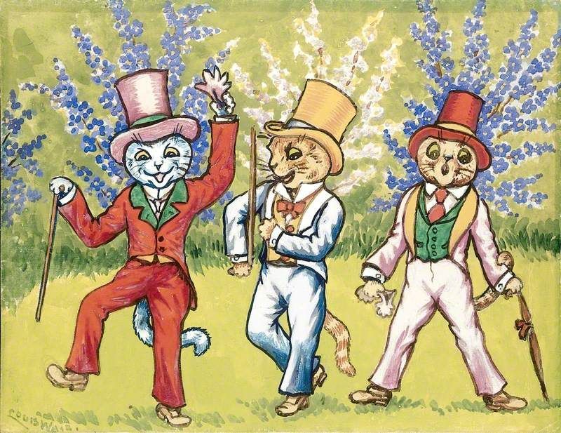 Three anthropomorphic cats dressed in colorful suits and top hats, dancing joyfully in a garden with blue and white flowers behind them.