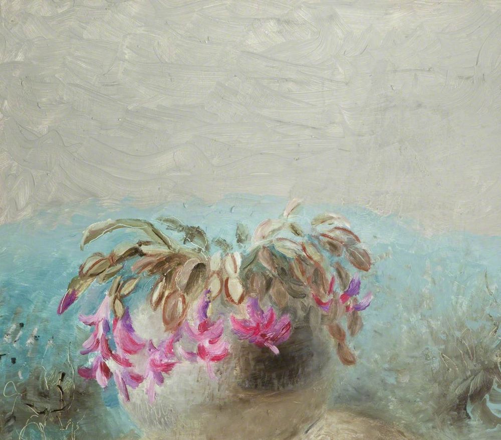 A delicate painting of a potted cacti with drooping pink flowers against a muted blue and grey background.