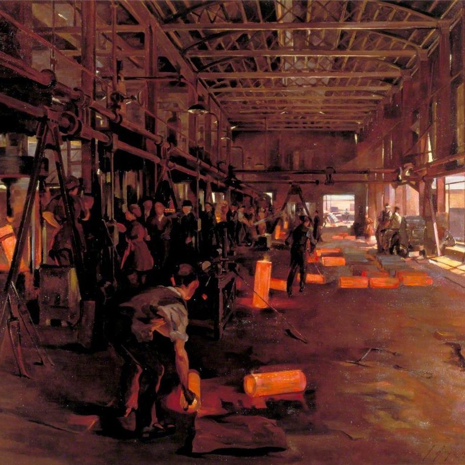 Interior of a munitions factory, with workers working on glowing, molten shells.
