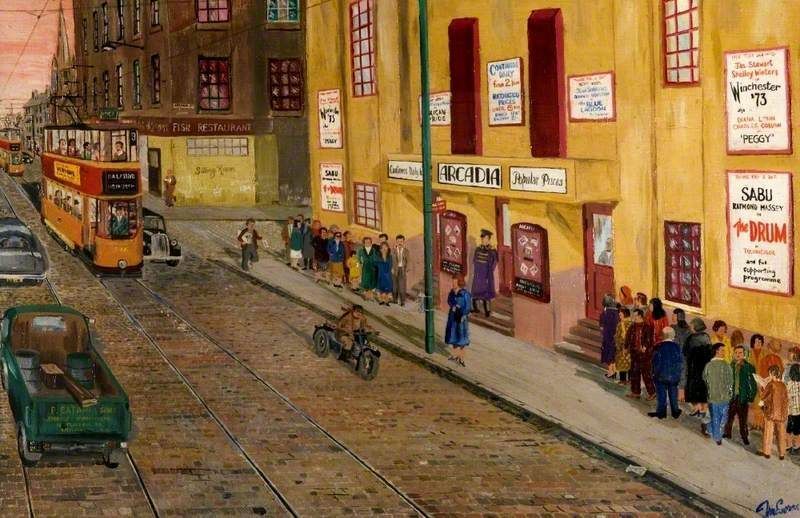 Vintage street scene with a tram, classic cars, and people lining up outside the Arcadia theater at dusk.