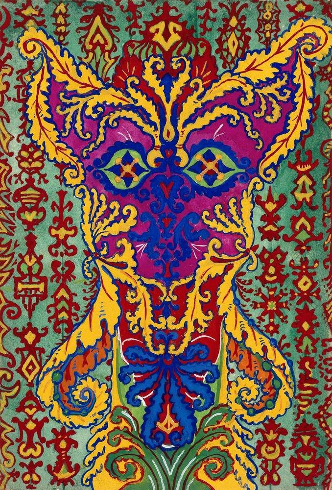 Intricate abstract artwork featuring a symmetrical design with swirling yellow, blue, and red patterns on a green background with red motifs.