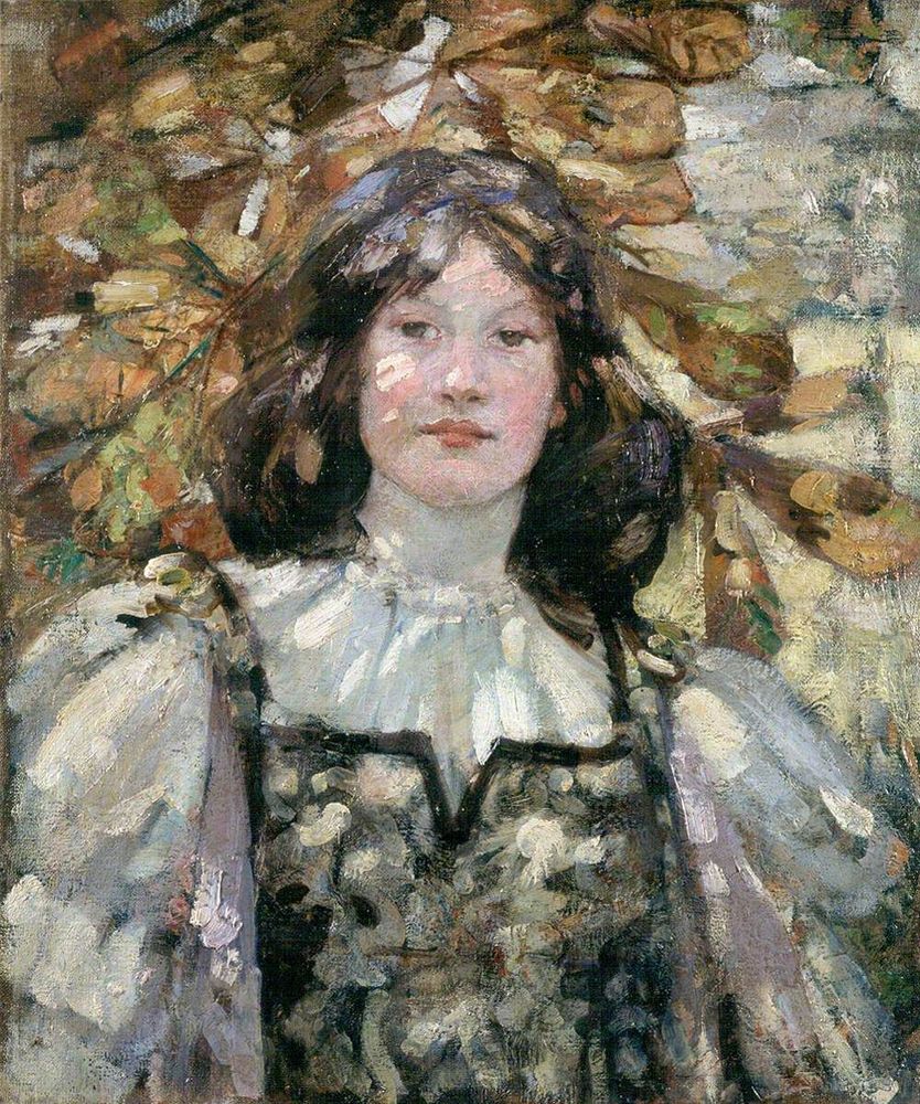 Portrait of a woman in a detailed floral dress with puffed sleeves, surrounded by autumn leaves in warm earthy tones