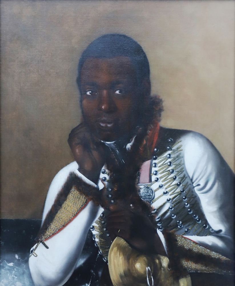Portrait of a person wearing an ornate white military-style jacket with gold and silver embellishments, resting their head on their hand.
