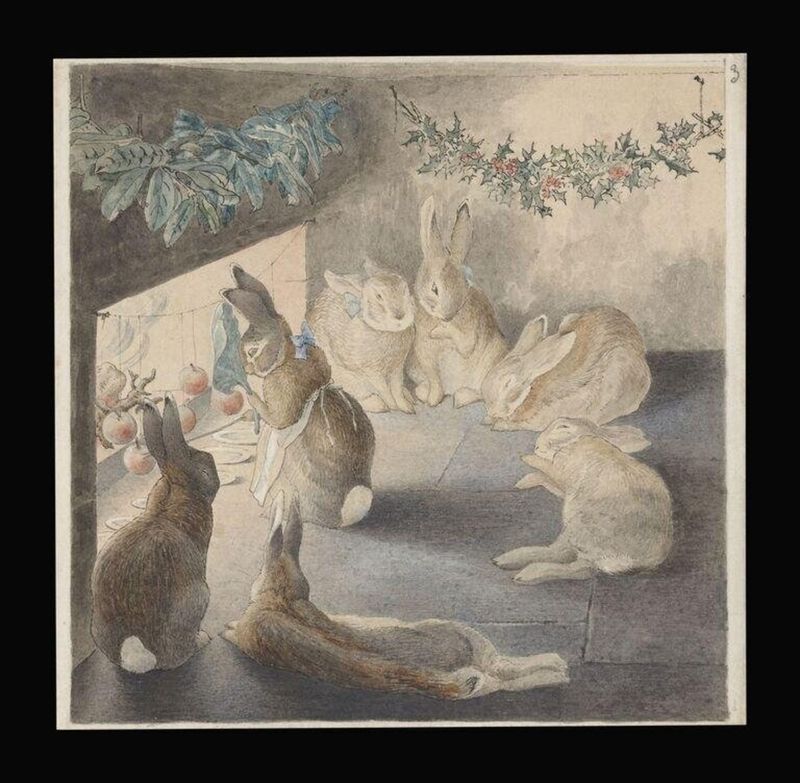 Seven rabbits gathered indoors near a window with holly branches hanging above them.