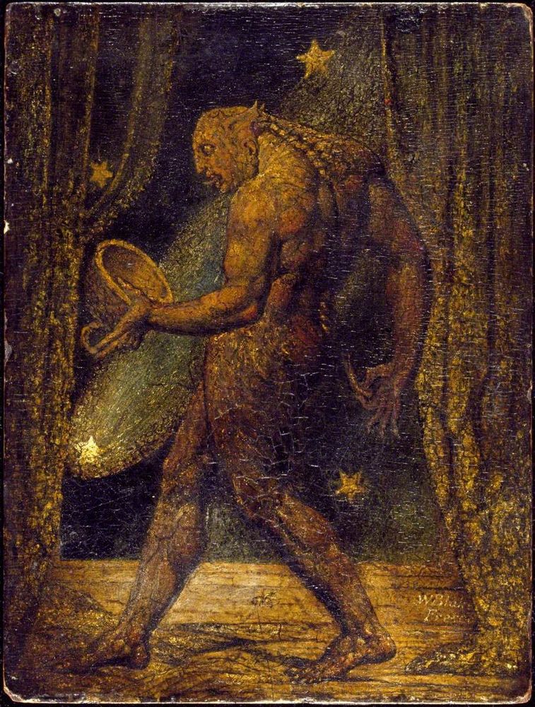 A muscular, mythical figure holds a mirror, standing between dark curtains with stars in the background.