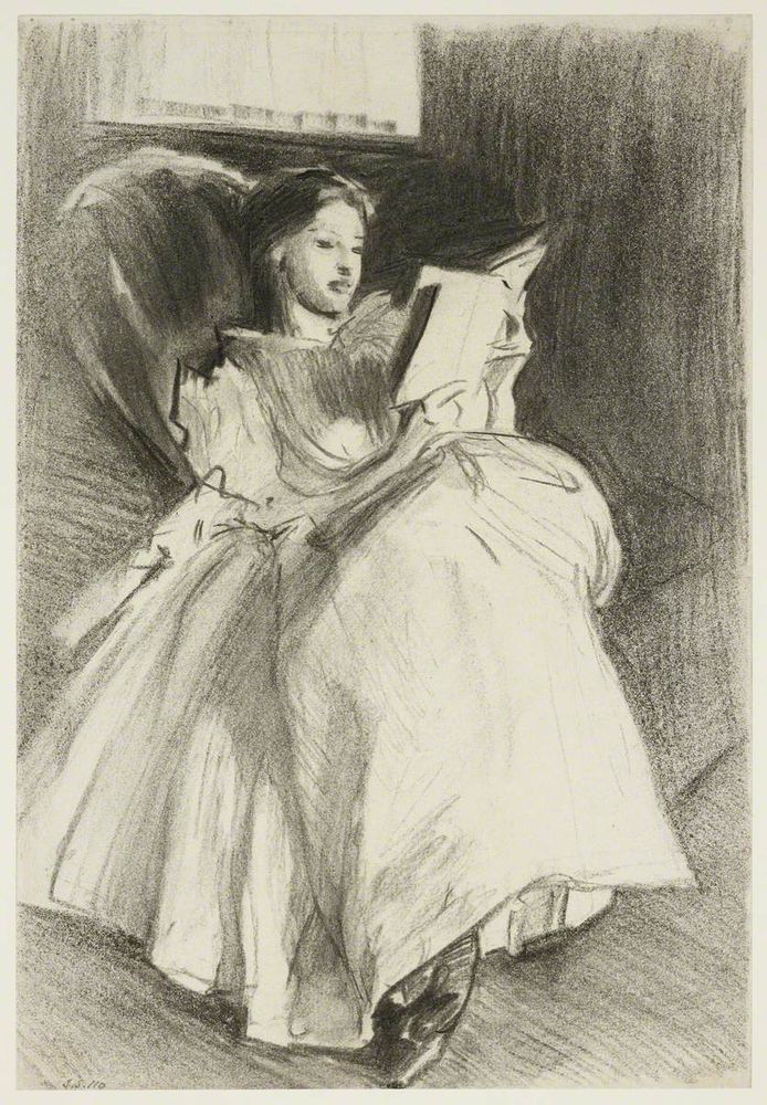 A woman in a flowing dress reclines on a cushioned chair, engrossed in reading a book by a softly lit window.