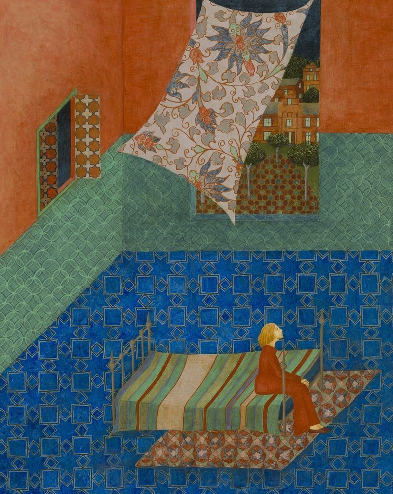 A person in a red outfit sits on a striped bed in a room with intricate blue and green patterned floors and walls.