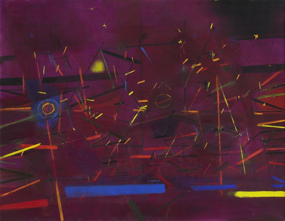 Abstract painting of line of blue, red, yellow and orange shooting out in different directions like fireworks against a deep purple background
