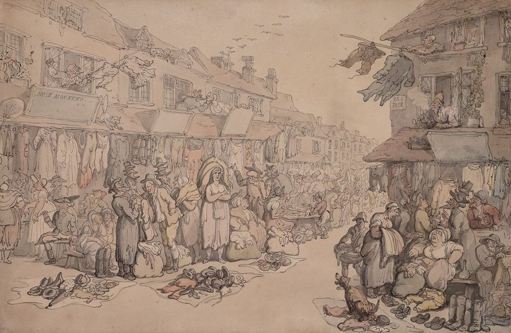 Detailed street market scene with vendors selling clothes and shoes, bustling crowds and people interacting in front of old buildings.
