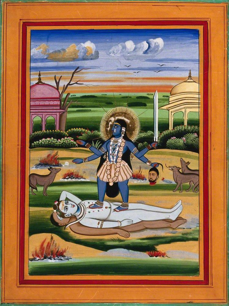 Kali standing on Siva, surrounded by nature, temples and animals.