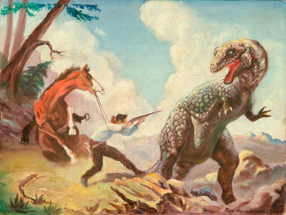 A man falls off a startled horse while aiming a rifle at a large, scaly dinosaur in a rocky landscape under a cloudy sky.
