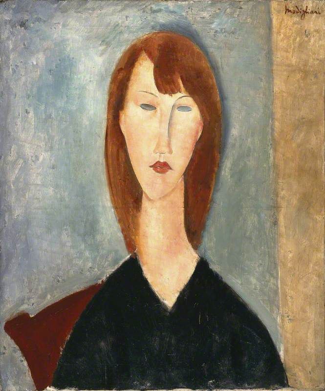 Stylised, head and shoulders front view of young woman with auburn, shoulder-length hair, wearing a black v-necked garment. She is seated on a chair against a plain yet textured blue-green background with a pale ochre strip on the right. Her almond-shaped eyes have no pupils or irises but are the same blue-green as the background