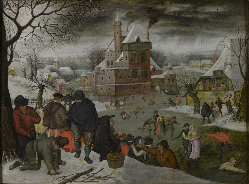 A lively winter scene with people ice skating and socialising.