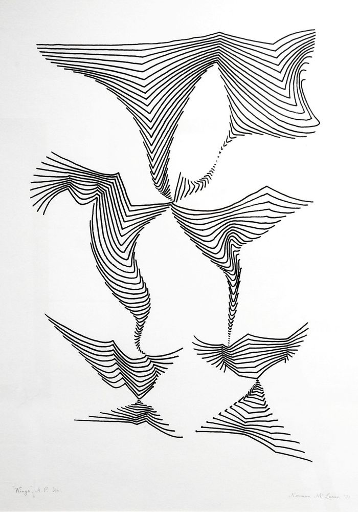 Abstract black lines form twisting, layered shapes on a white background, creating a dynamic, flowing pattern.