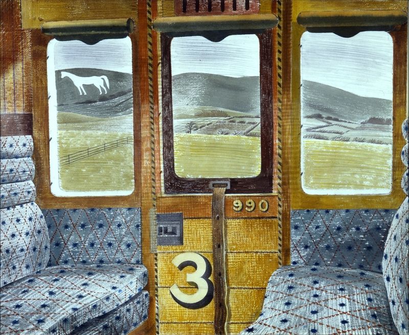 Train landscape through a window of a carriage