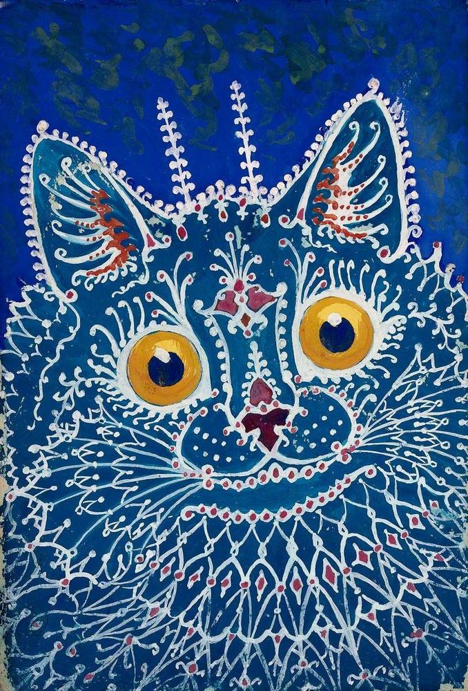 Intricate blue cat portrait with large yellow eyes, decorated with white and red ornamental patterns on a dark blue background.