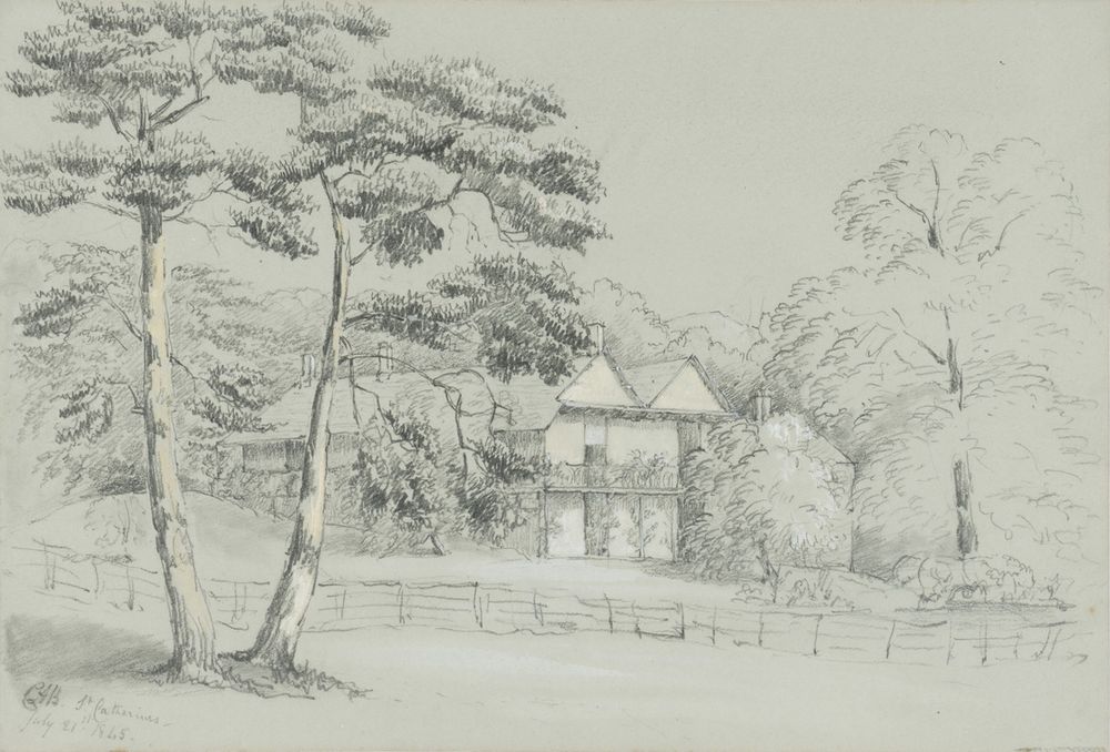 Pencil sketch of a countryside house partially hidden by trees with a wooden fence in the foreground.