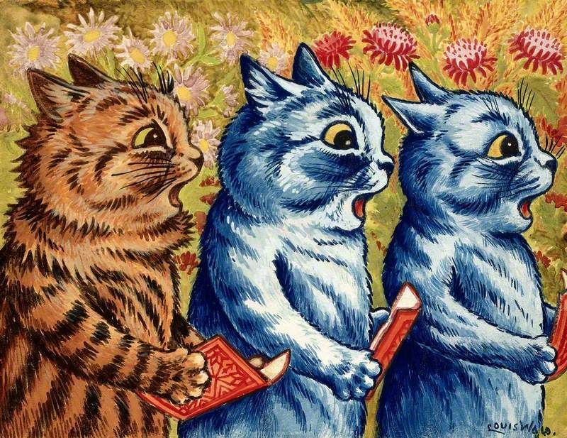 Three expressive cats, two blue and one brown tabby, singing while holding red books against a floral background.