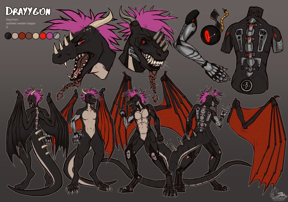A character ref sheet of Drayygon showing both biological and synthetic body forms. Close ups show their arm, eye, wing and back (displaying spinal augmentation and connection ports for tail and wings)