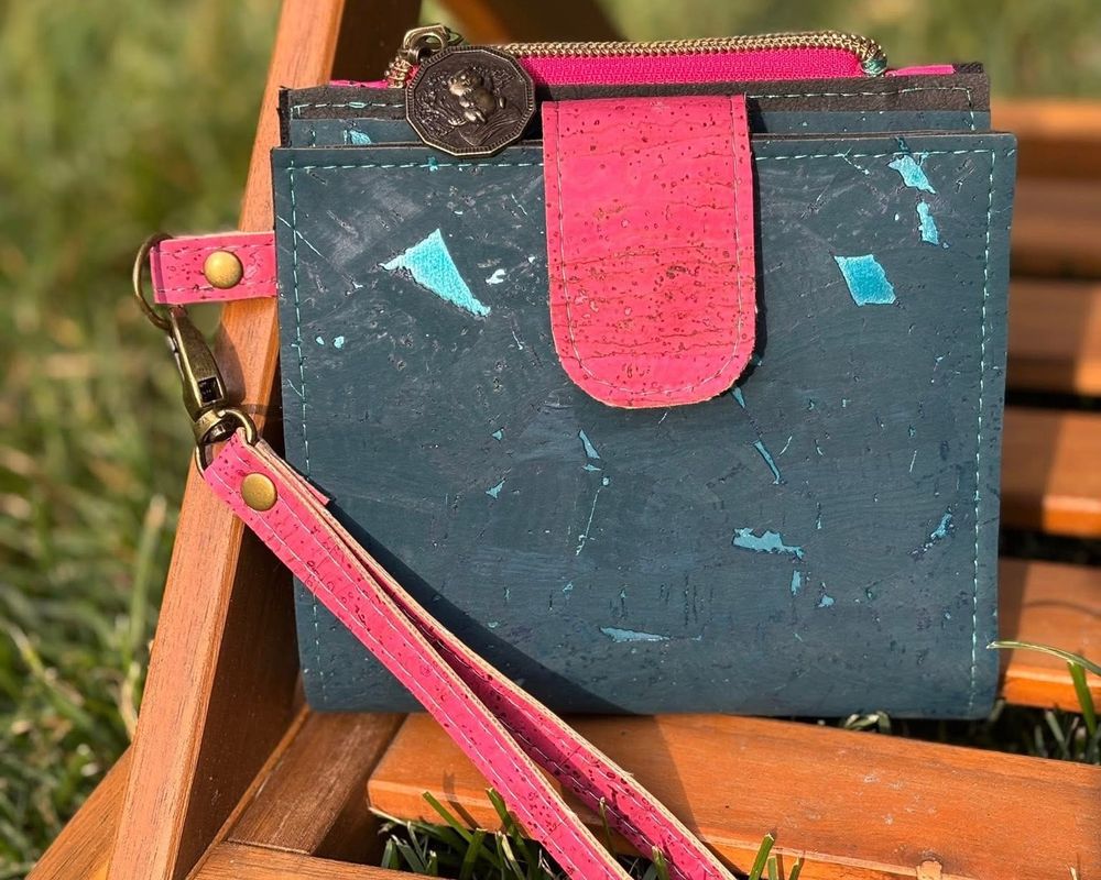 The Espresso Wallet, tiny but mighty! Sewn easily on a domestic machine with this pink, purple and speckled muted blue Portuguese Cork from MM Cork Supply.