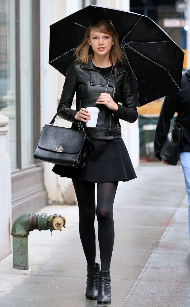 Taylor all black leather and tights with umbrella street clothes