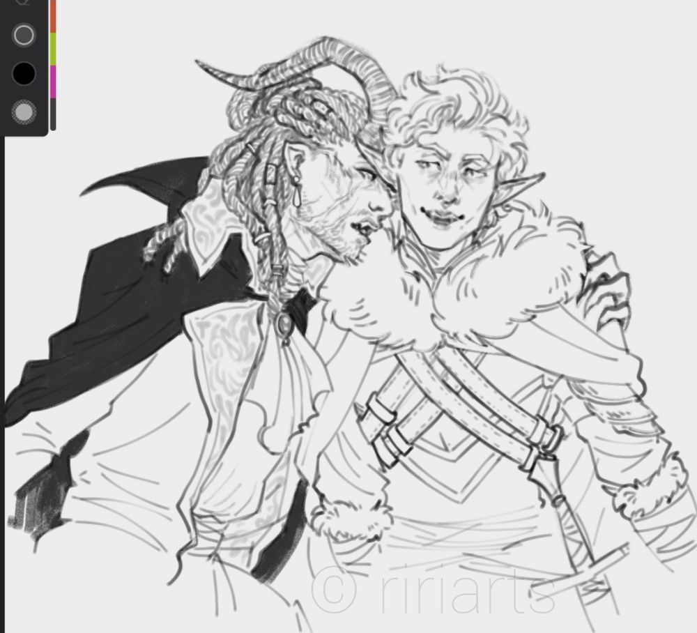 2D sketch of characters Wyll and Astarion from Baldur's Gate 3 sitting side by side in Halloween costumes - Wyll as a vampire and Astarion in drow armour and fur coat (he's dressed as certain popular D&D drow character but not telling you yet who.)