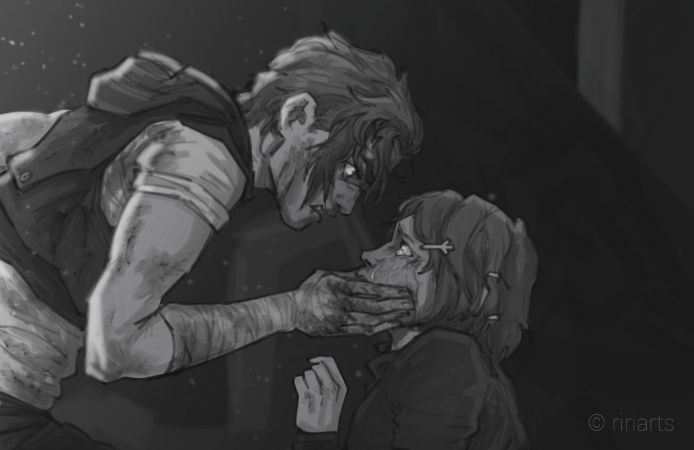 2D grayscale digital drawing of characters Vi and Powder from the show Arcane, scene from season 1 episode 3 where the sisters are having a fight in an alley. Close up to Powder's messy, crying face.