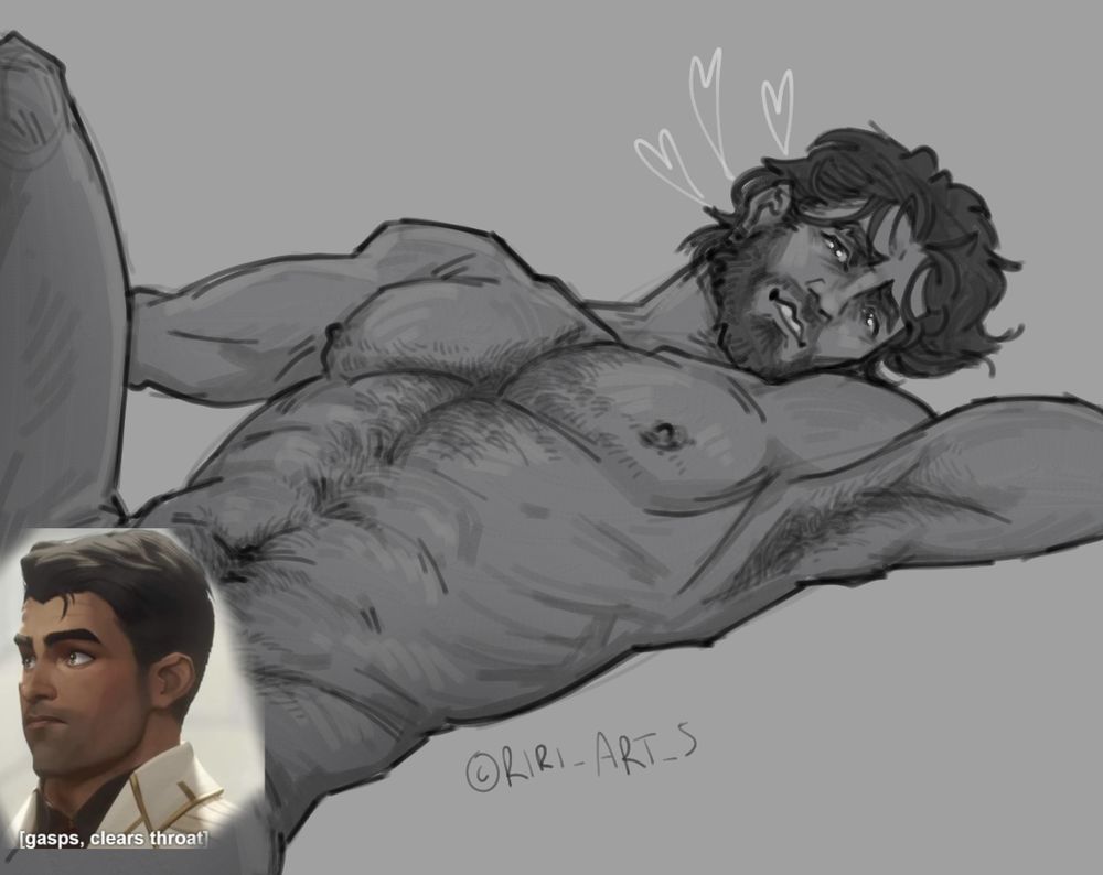 2D digital grayscale sketch of character Jayce from netflix show Arcane. His season 2 design, with longer hair and body hair. He's naked and pictured laying on his back, from the waist up (screenshot picture of him cencors his crotch.) He's spreading his arms and body wide, showing his abs, chest and muscles proudly. He's smirking a bit.