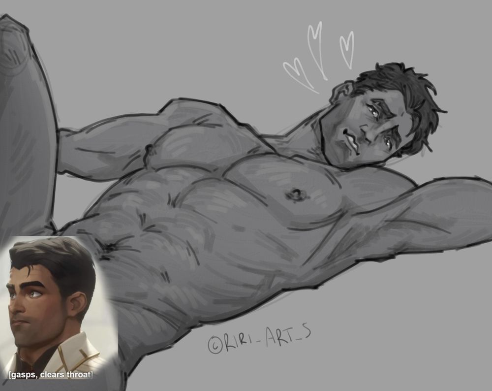 2D digital grayscale sketch of character Jayce from netflix show Arcane. His season 1 design, with short hair and no extra body hair. He's naked and pictured laying on his back, from the waist up (screenshot picture of him cencors his crotch.) He's spreading his arms and body wide, showing his abs, chest and muscles proudly. He's smirking a bit.