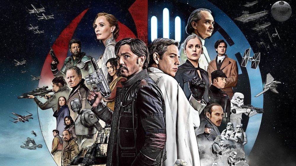 A landscape poster for ANDOR, showing all of the principal cast against a backdrop that splits the Rebellion and Empire's insignia while also showcasing various spacecraft used by each side.