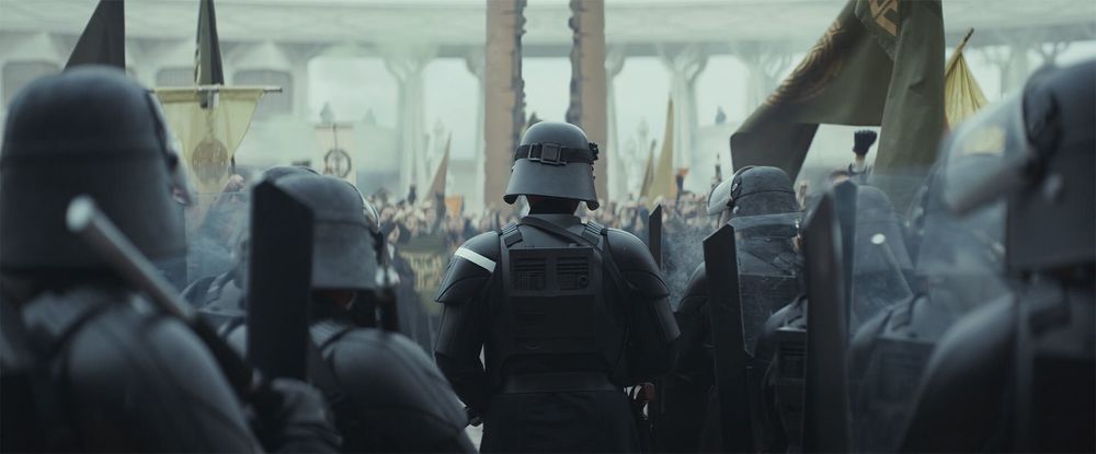 Imperial riot troopers face off against Ghorman protestors in "Who Are You?" ('Andor' [2022-5], season 2, episode 10).