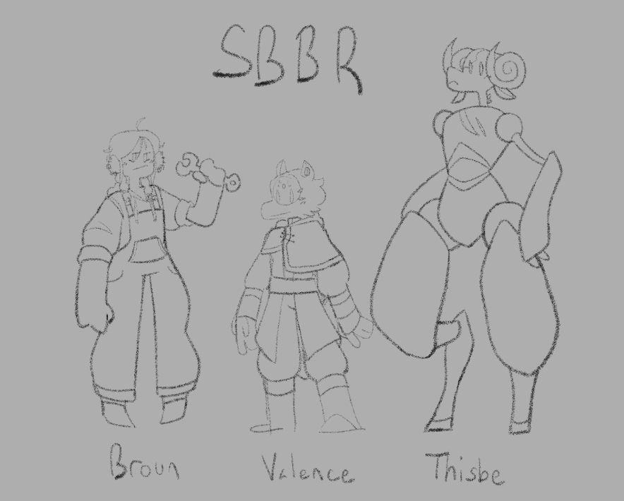 Three characters from the podcast series Friends at the Table, specially the group SBBR from the season Partizan. There is a humanoid (yet technically alien) woman named Broun, a man with a wolf face mask named Valence, and a large two legged deer-like robot with massive thighs named Thisbe
