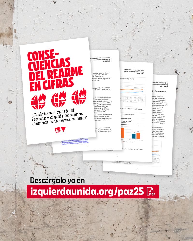 Imagen promocional del documento "Consecuencias del rearme en cifras" de Izquierda Unida. Sobre un fondo de cemento, cuatro papeles desplegados muestras la portada y algunos contenidos del informe. Abajo, centrado, el texto "Descárgalo ya en izquierdaunida.org/paz25".