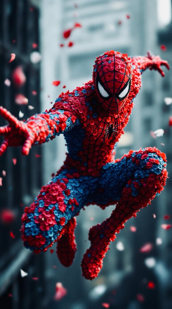Spider-Man reimagined as a stunning figure composed entirely of intricate red, blue, and white flowers, each petal contributing to the detailed form of his suit and physique. He strikes a dynamic action pose mid-air, as if swinging or leaping, with petals subtly scattering from his motion. Ultra realistic textures with highly detailed floral structures, natural lighting with soft shadows, shallow depth of field, shot on a 50mm lens. Vivid colors, hyper-detailed anatomy, dramatic sense of movement, crisp focus on the floral composition while maintaining motion blur for added dynamism.